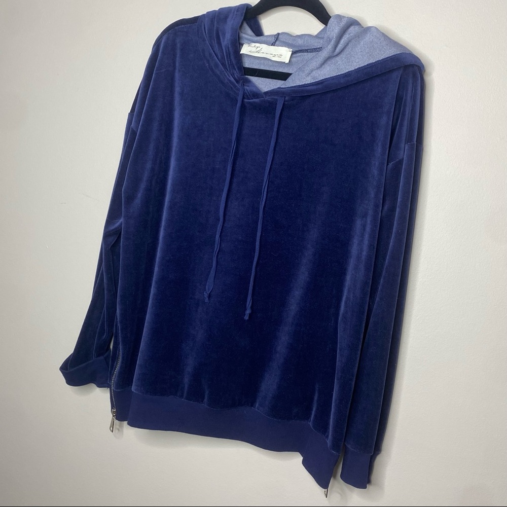 Vintage Havana Velour Navy Blue Hooded Track Suit Top Zipper Detail Size Medium